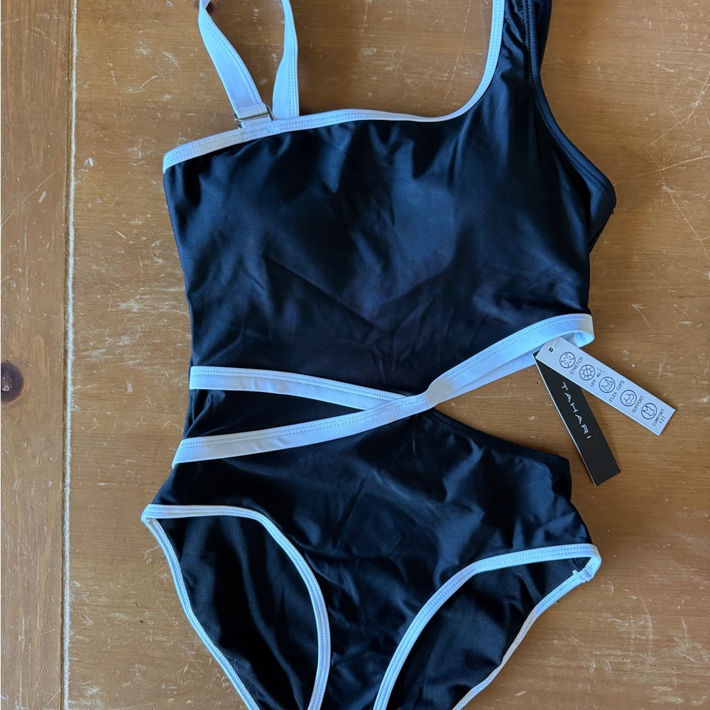 Tahari Black One-Shoulder One-Piece Swimsuit with White Trim